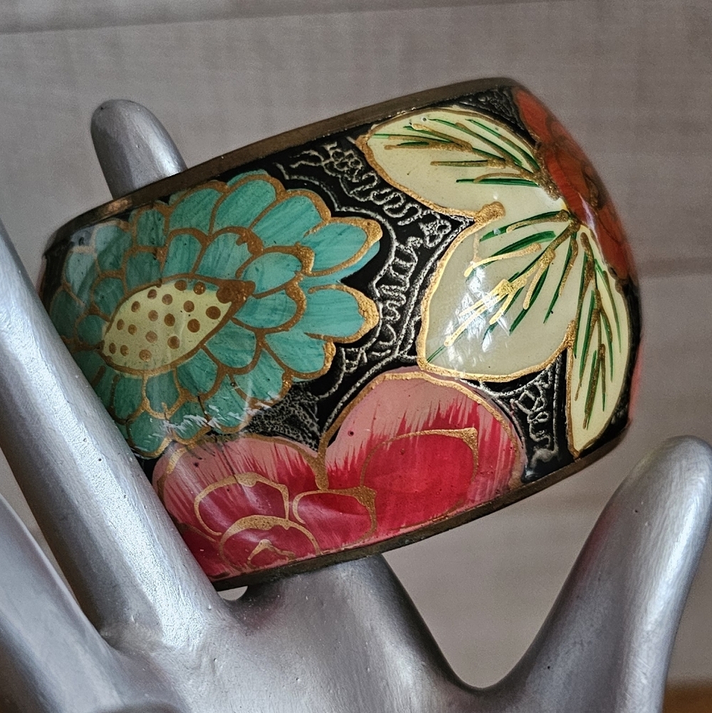 Vintage Brass and hand painted lacquer floral bracelet.